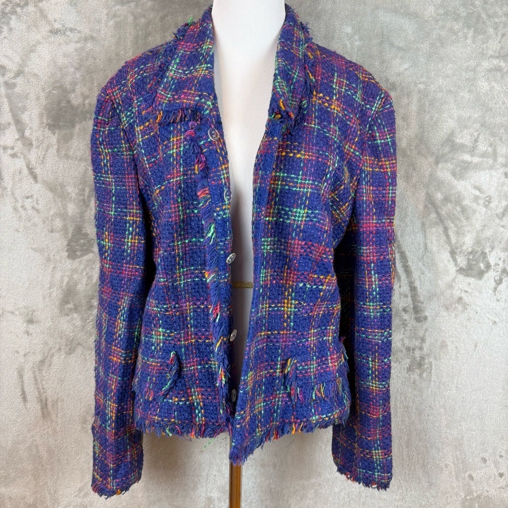 Maggy London Vintage Purple Multicolor Tweed Fringe Jacket Wmn’s 12